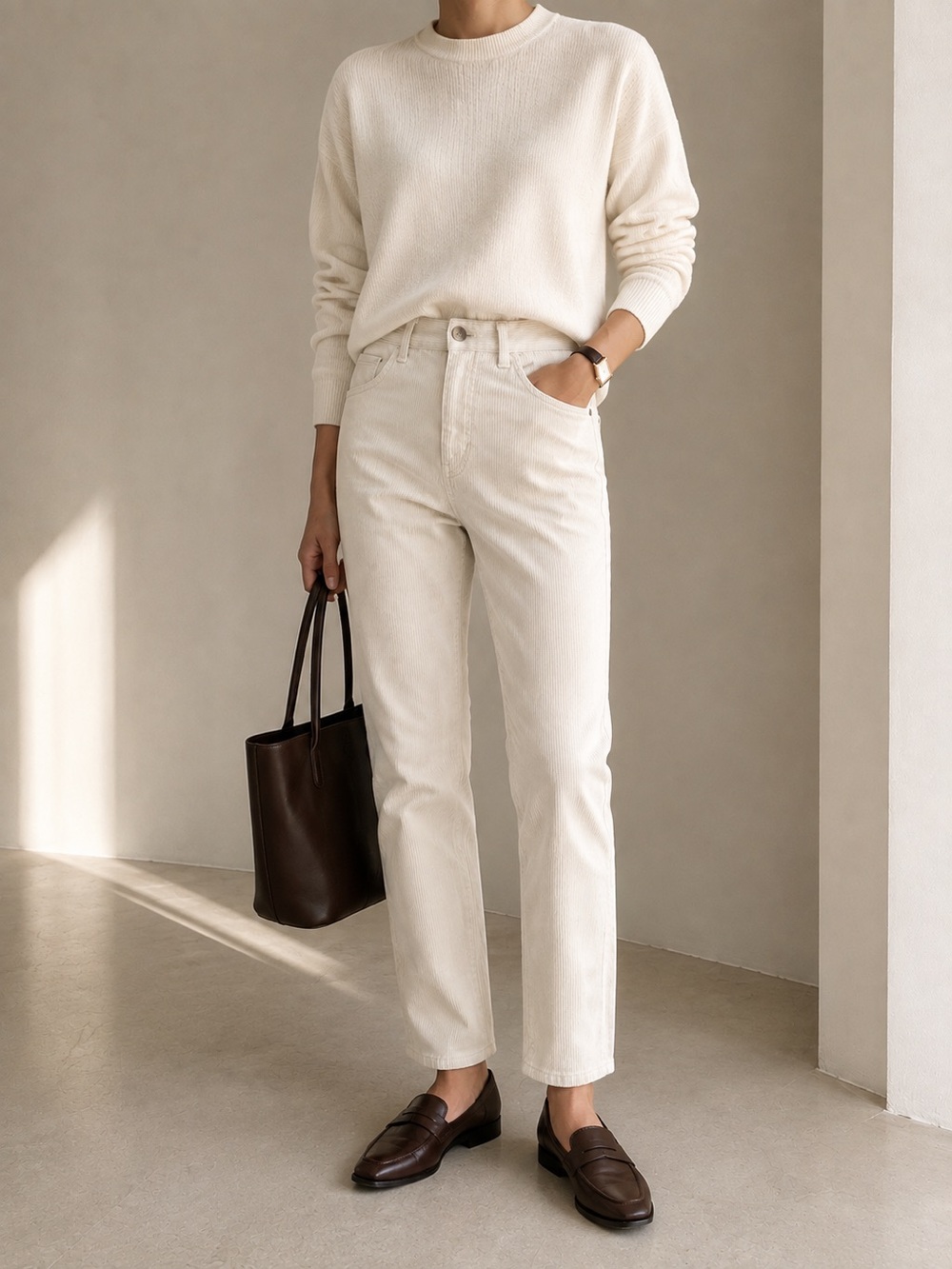 & Other Stories High Rise Corduroy Pants Ecru Cream Straight Slim Leg Size 2